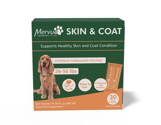 Mervue SuperCoat Dog supplement packaging showing pump bottle