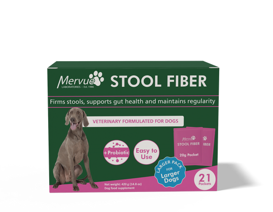 Mervue Stool Fiber packaging showing pre-measured powder packets for dogs