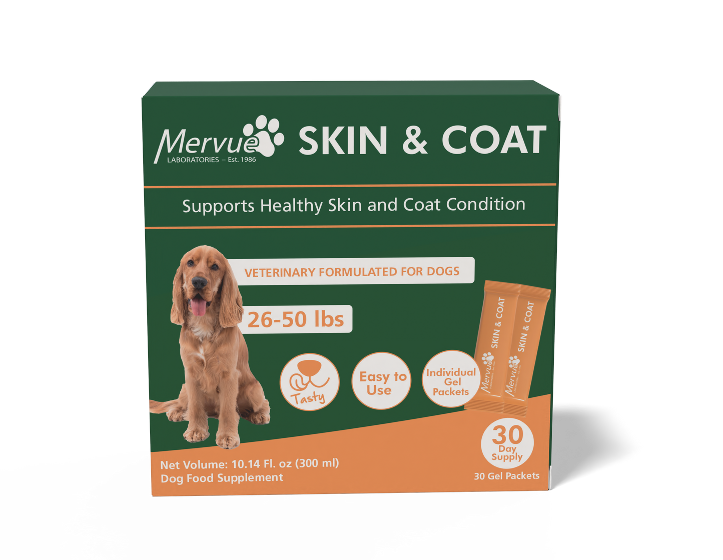 Mervue SuperCoat Dog supplement packaging showing pump bottle