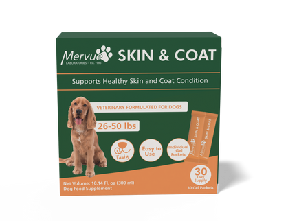 Mervue SuperCoat Dog supplement packaging showing pump bottle
